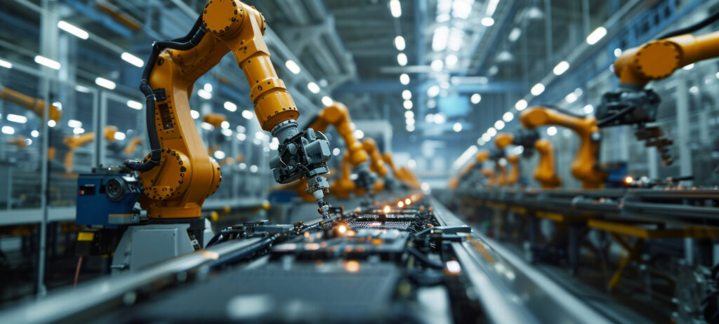 Large-scale automated manufacturing facility with multiple industrial robots demonstrating Syspro's solutions for metal fabrication manufacturers