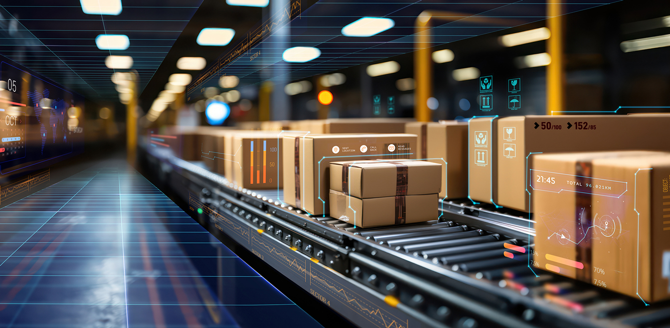 Automated logistics line tracking parcels with Syspro distribution ERP for real-time visibility.