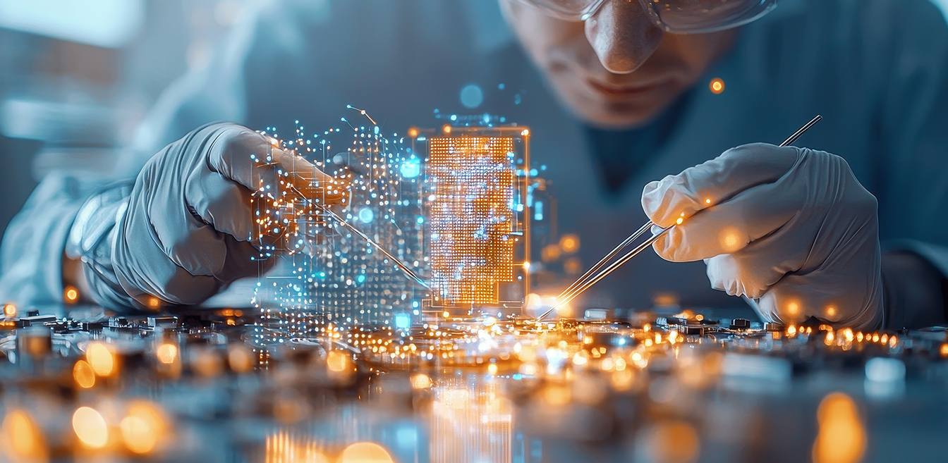 Electronics engineer assembling components with AI-enabled insights powered by Syspro ERP software.