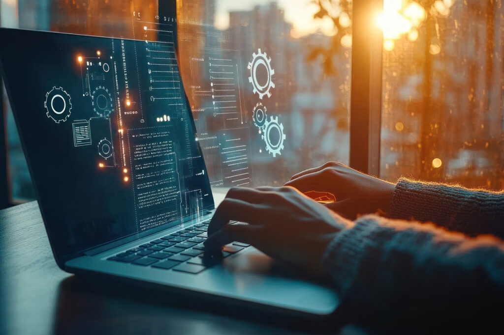Technical user interacting with complex system data, indicating customization and configuration of syspro Complex Manufacturing ERP software.