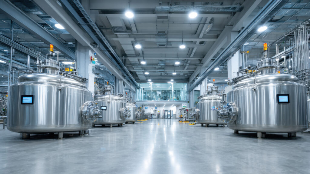 Modern food and beverage manufacturing plant with stainless steel tanks demonstrating Syspro's capabilities for production management