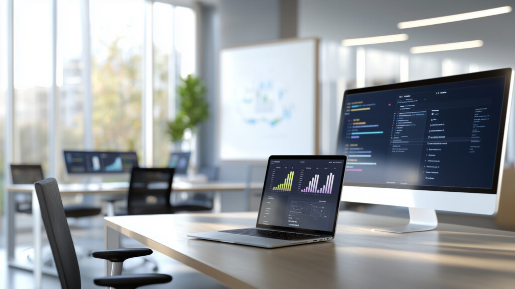 Professional reviewing furniture design plans on laptop demonstrating Syspro's custom production and configuration management capabilities