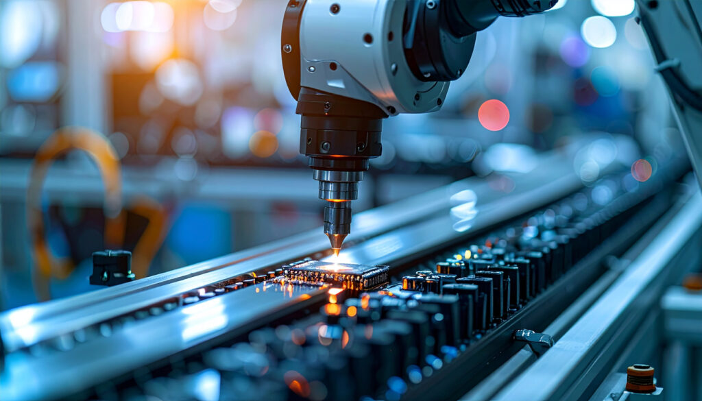 Automated electronics manufacturing assembly line showing circuit board production demonstrating Syspro's electronics manufacturing software