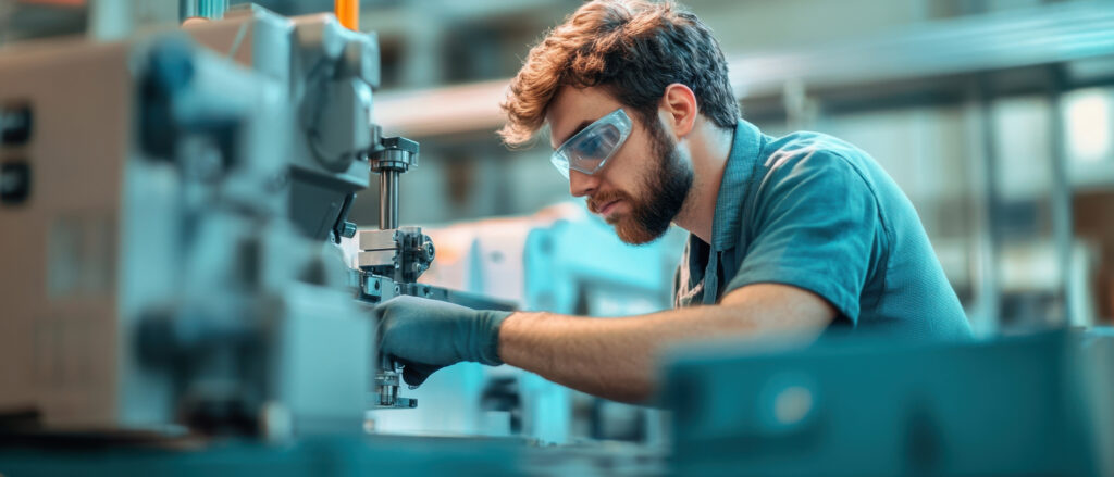Syspro plastics and rubber manufacturing worker performing quality control inspection in modern production facility