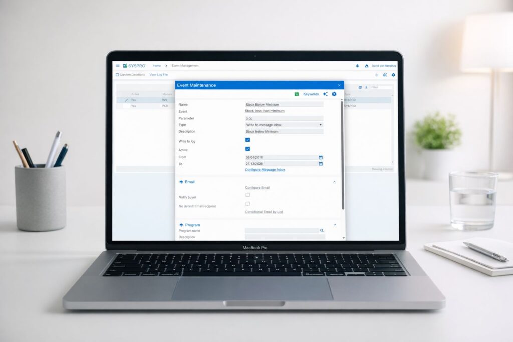 Open laptop on a white desk displaying a business software interface, with a central pop-up window titled “Event Maintenance” showing configurable form fields and options, suggesting setup or management of system events.