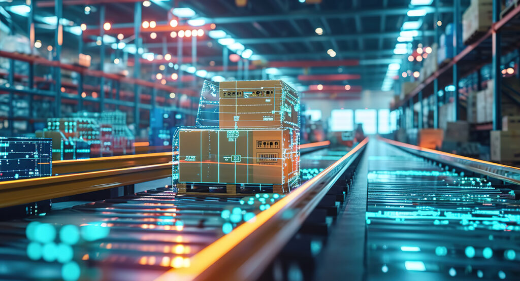 Boxes moving along an automated warehouse conveyor, showing how Syspro Return Merchandise Authorization supports efficient product returns.