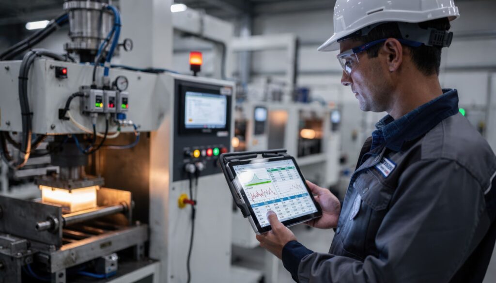 Factory worker wearing a safety helmet and uniform holds a tablet displaying production data and graphs while standing beside industrial machinery on a manufacturing floor, with their face blurred for privacy.