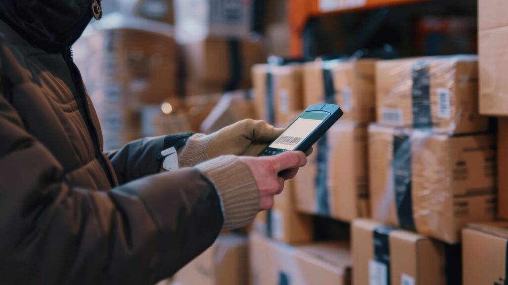 Person in a padded jacket and gloves using a handheld barcode scanner or mobile device to scan labels on stacked cardboard boxes in a warehouse or storage facility.