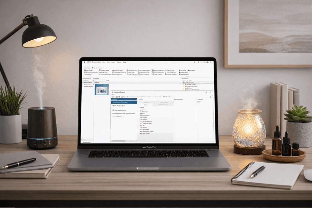 Cozy office desk with a MacBook Pro displaying a software management window, surrounded by a lit lamp, essential oil diffusers emitting mist, notebooks, and small plants, creating a calm work environment.