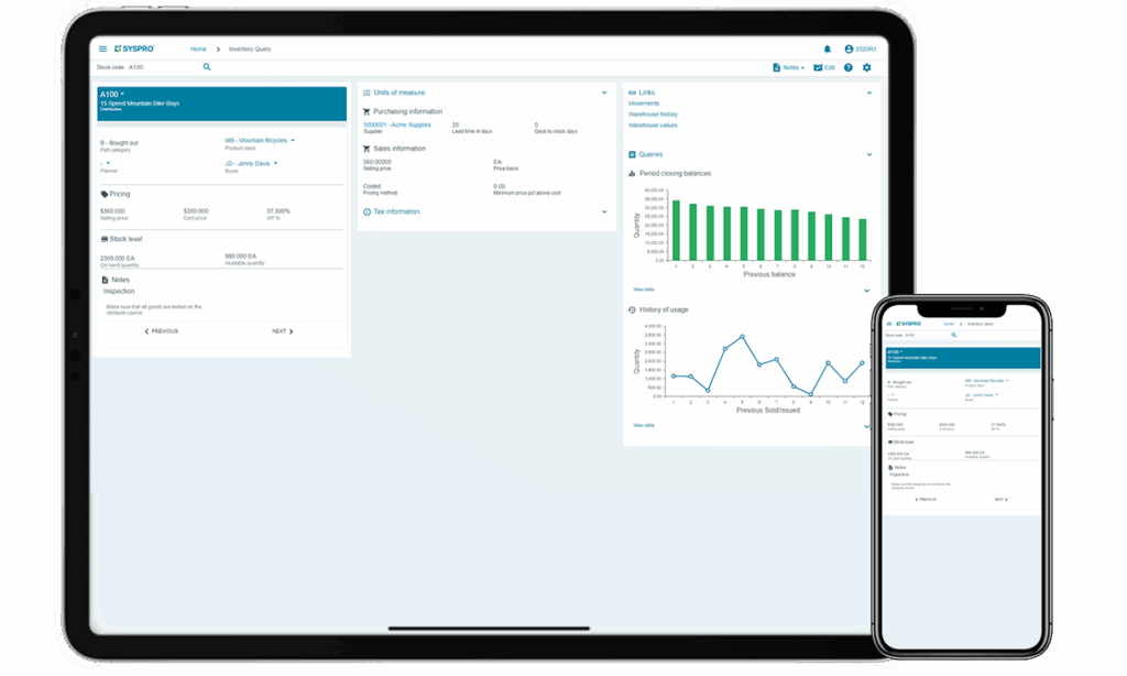 ERP dashboards displayed on desktop and mobile screens, highlighting Syspro visibility for make-to-order manufacturing operations.