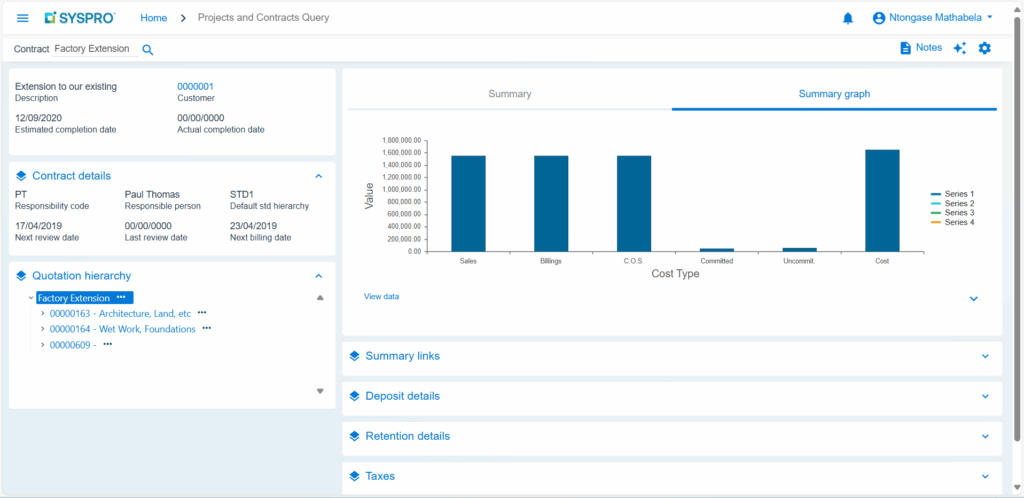 Syspro Projects and Contracts dashboard displaying project costs, timelines, and financial performance